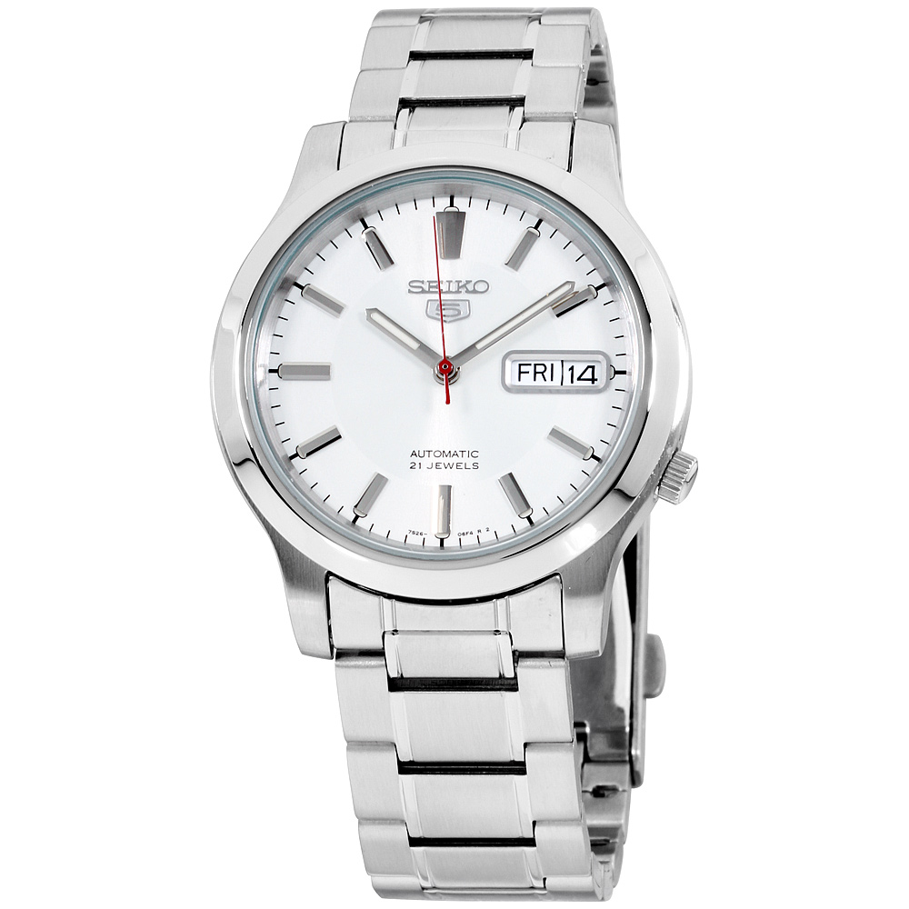 seiko men's snkl41 5 automatic stainless steel bracelet white dial day date watch