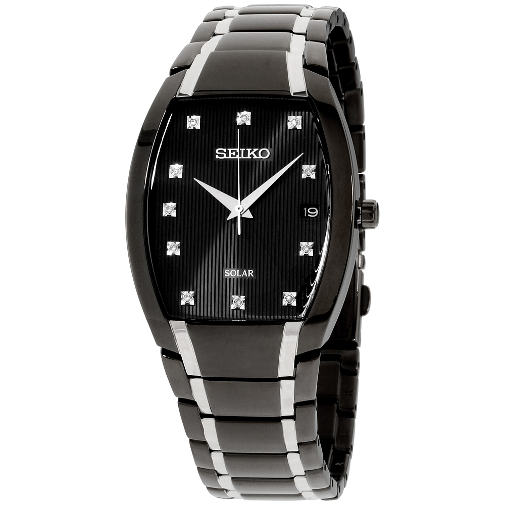 seiko silvertone black dial solar calendar watch