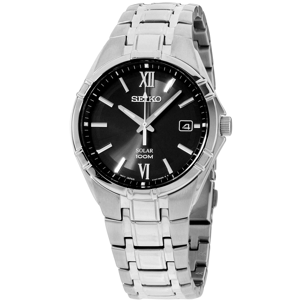 seiko silvertone black dial solar calendar watch