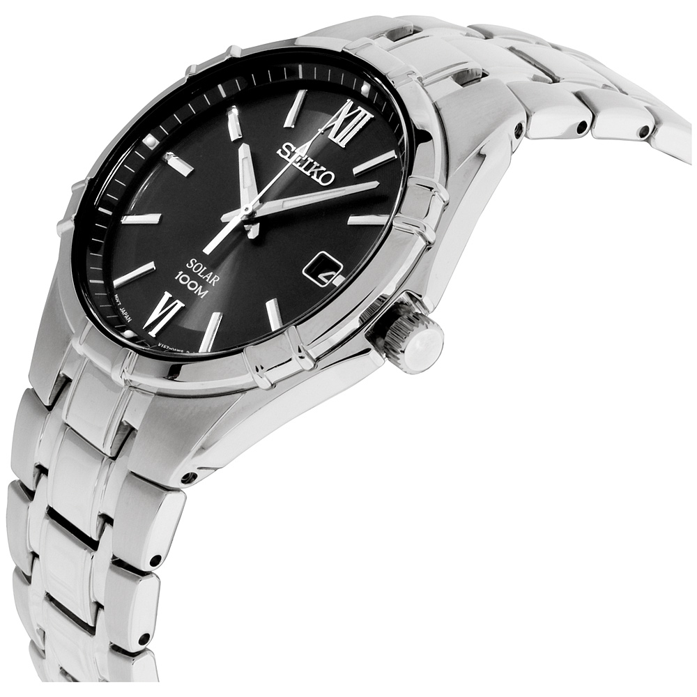 seiko silvertone black dial solar calendar watch