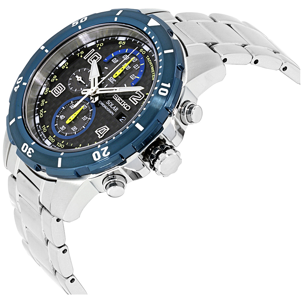 seiko silvertone black dial solar calendar watch